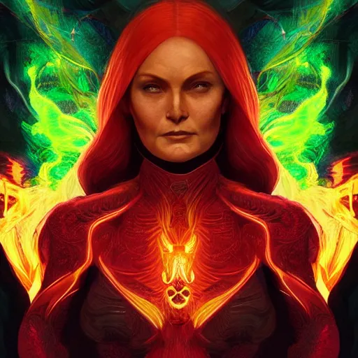 Image similar to full body portrait of jean grey, symmetry, hyperdetailed perfect face, green eyes, comic, phoenix rising, burning flames, intricate, detailed, volumetric lighting, scenery, digital painting, highly detailed, artstation, sharp focus, illustration, concept art, ruan jia, steve mccurry