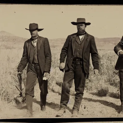 Image similar to a platinotype photo of three men from the old west going to an old burial ground to exhume it from a terrorizing creature which is terrorizing a tribe