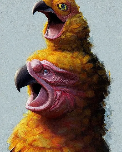 Image similar to Portrait of Big Bird's child, Big Bird morph child morph, digital painting, realistic shaded, realistic shaded lighting, fan art, pixiv, by Ilya Kuvshinov, morph dna, realistic face body morph, magali villeneuve, Artstation, by Jeremy Lipkin and by Michael Garmash and by Rob Rey. Face retouch