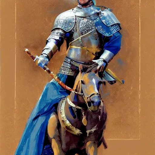 Prompt: mel gibson as rider with couched jousting lance, medieval helmet, colorful caparisons, chainmail, detailed by greg manchess, craig mullins, bernie fuchs, walter everett