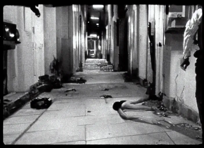 Prompt: disturbing security cam footage of a human corpse walking in the stree horror film practical fx by david cronenberg ridley scott 1 9 7 0