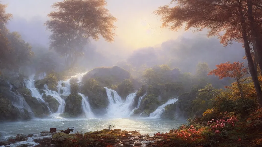 Image similar to the most beautiful panoramic landscape, oil painting, where a giant dreamy waterfall creates a river, the trees around are starting to bloom in a great variety of colors, a majestic deer is drinking water from the river and a ray light of the sunrise is brightening him, there is fog by greg rutkowski