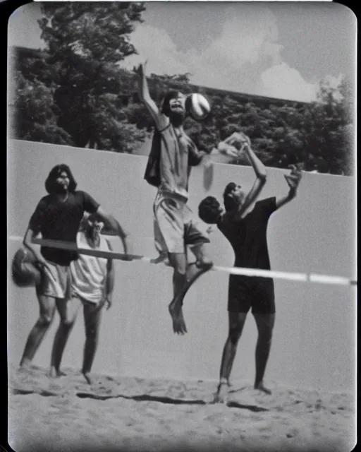 Image similar to jesus plays volleyball with his boyfriends polaroid instamatic summer 1 9 7 4