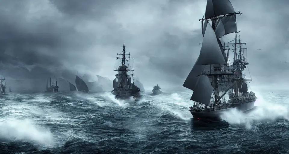 Image similar to battleship as tall as a mountain with huge sails, raging sea foggy, dramatic, action scene, stormy background, shipfleet on the horizon, high detail, unreal engine, octane render, 8 k high definition, photorealistic