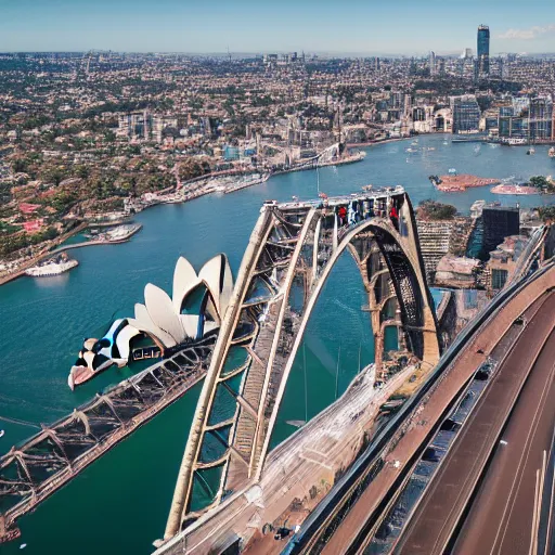 Image similar to A moshpit on top of the Sydney harbor bridge, drone photograph
