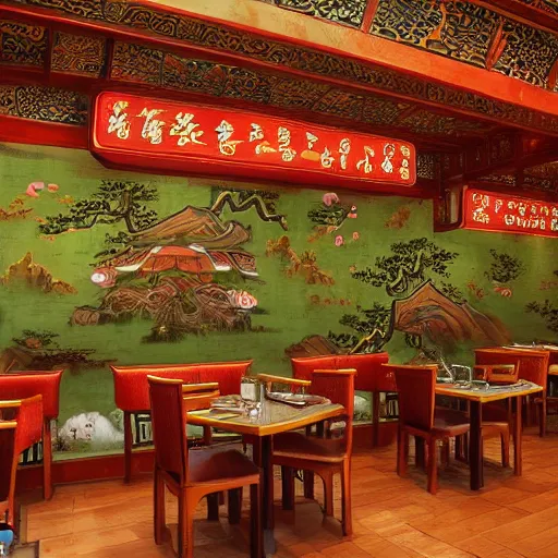 Image similar to a beautiful hyperdetailed 4 k hd wallpaper illustration interior of roasted string hotpot restaurant restaurant yan'an, wall painting, from china, with merchant logo, fine delicate structure, chinese style, victo ngai