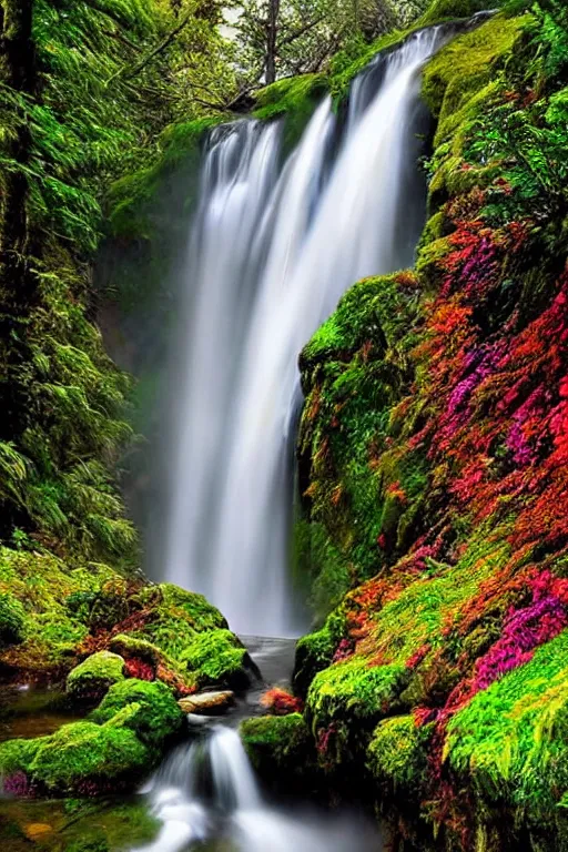 Prompt: A waterfall with all colors, fantasy, mystic