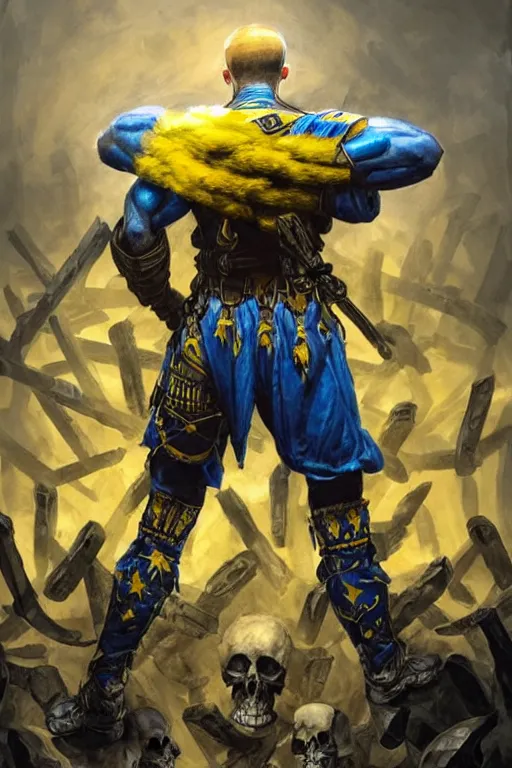 Image similar to a distant shot from behind of a Ukrainian super soldier with blue and yellow flag behind him standing alone on a huge pile of skulls as a winner, masculine muscular figure, D&D, fantasy, intricate, elegant, highly detailed, extremely detailed, digital painting, artstation, concept art, matte, smooth, hyper realistic, sharp focus, illustration, art by Artgerm and Greg Rutkowski and Alphonse Mucha