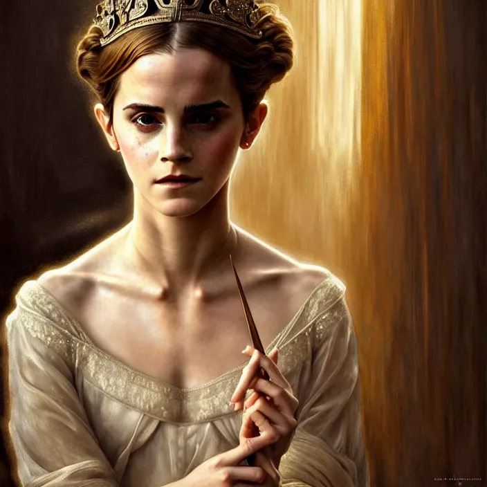 Image similar to ancient queen emma watson, symetrical, diffuse lighting, fantasy, intricate, elegant, highly detailed, lifelike, photorealistic, digital painting, artstation, illustration, concept art, 4 k, smooth, sharp focus, art by john collier and albert aublet and krenz cushart and artem demura and alphonse mucha