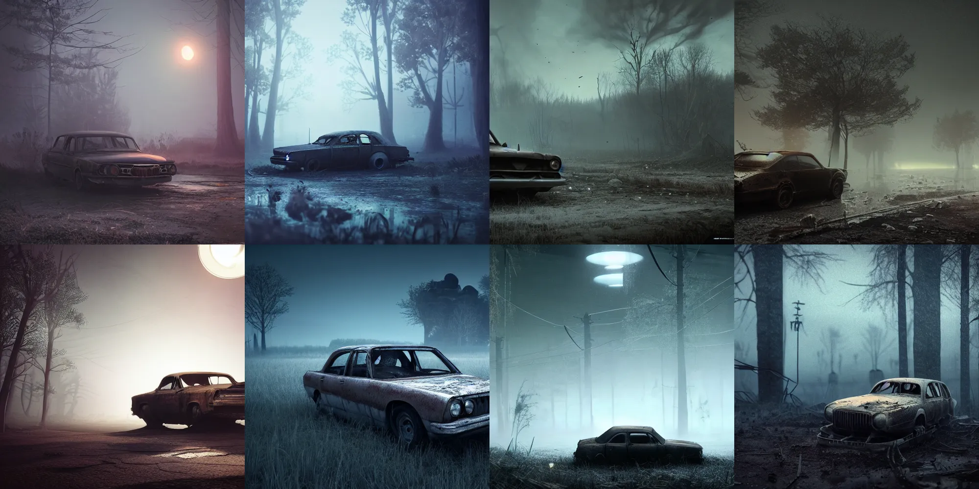 Prompt: beautiful dark creepy landscape, old abandoned car sinking, in the style of beeple and Mike Winkelmann, intricate, epic lighting, cinematic composition, hyper realistic, 8k resolution, unreal engine 5,