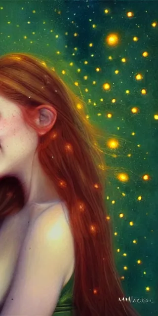 Image similar to infp young woman, smiling amazed, golden fireflies lights, sitting in the midst of nature fully covered, long loose red hair, intricate linework, green eyes, small nose with freckles, oval shape face, realistic, expressive emotions, dramatic lights mystical scene, hyper realistic ultrafine art by michael cheval, jessica rossier, boris vallejo, artgerm