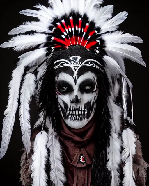 Image similar to the ghost - spirit of the grim - warpaint wears the scarlet skull armor and native blood headdress feathers, midnight fog - mist!, cinematic lighting, various refining methods, micro macro autofocus, ultra definition, award winning photo