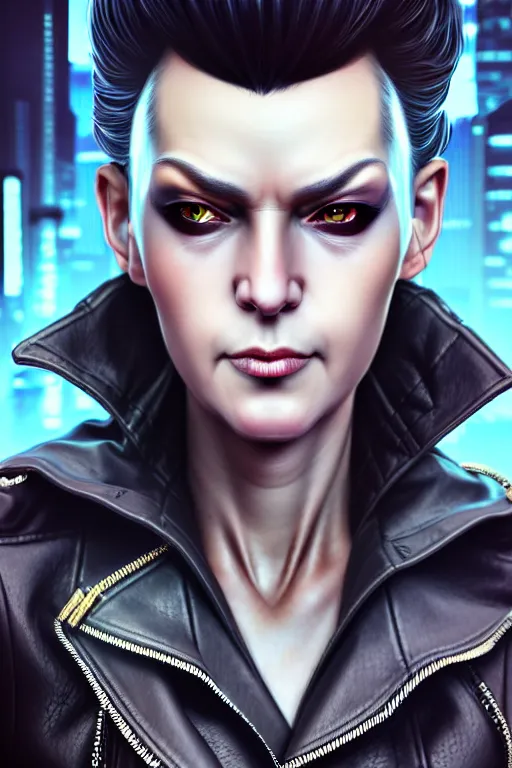 Prompt: hyperdetailed very close portrait of a european fourty years old woman with grey eyes in a leather suit with a pin in a cyberpunk city inspired by ross tran and wlop and masamune shirow and kuvshinov, concept art, intricate, photorealistic, octane render, rtx, hdr, unreal engine, dnd digital art by artgerm