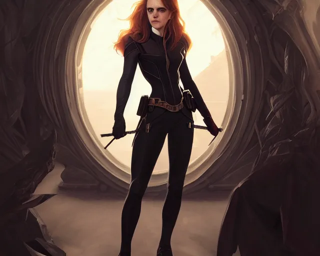 Image similar to photography of emma watson as black widow, deep focus, d & d, fantasy, intricate, elegant, highly detailed, digital painting, artstation, concept art, matte, sharp focus, illustration, hearthstone, art by artgerm and greg rutkowski and alphonse mucha