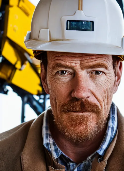 Prompt: closeup portrait of mecha bryan cranston with construction crane frame arms, yellow hardhat, natural light, bloom, detailed face, magazine, press, photo, steve mccurry, david lazar, canon, nikon, focus