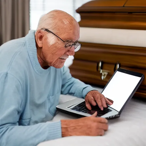 Prompt: elderly man sitting inside a casket browsing internet on laptop from a casket casket, award winning photo