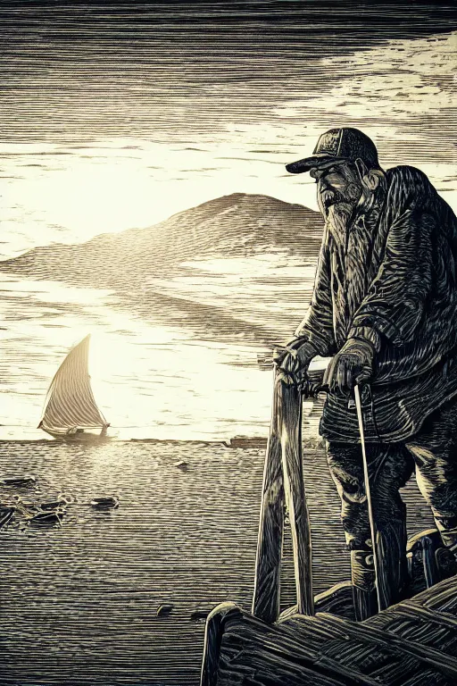 Image similar to a beautiful wood engraving on paper of an old fisherman, 8 k, frostbite 3 engine, cryengine, dof, trending on artstation, digital art, crepuscular ray