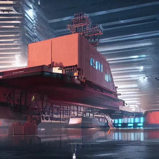 Image similar to Immense industrial futuristic cargo ship arrives at cyber punk city sea port, cinematic lighting, concept art