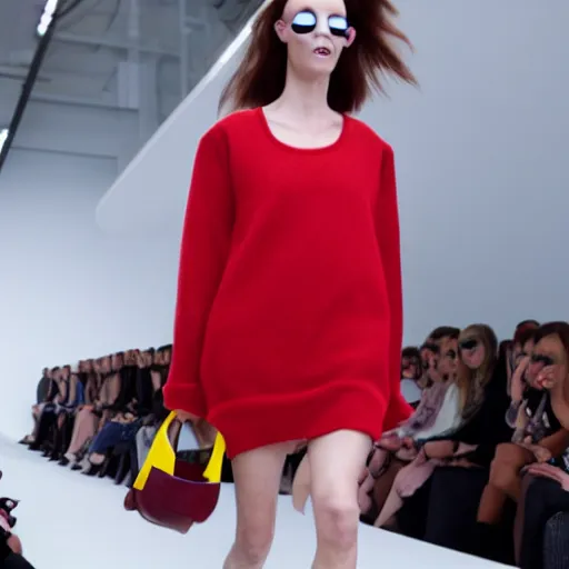 Image similar to goblin girl models the latest in celine fashion on the runway