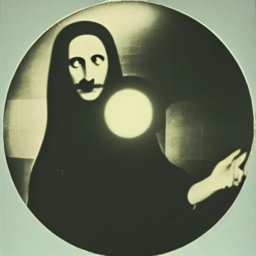 Image similar to Marcel Duchamp holding a light-producing sphere with cables attached, 35mm film, icon by Marcel Duchamp, LHOOQ, Mona Lisa with a mustache, absurd, film grain, lens flare