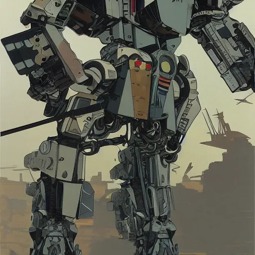 Prompt: syd mead roger dean alphonse mucha yoji shinkawa moebius victo ngai hyperrealism combat warrior mech combat robot mech suit exosuit guns gunfire explosions skirmish warfare gunfire death,