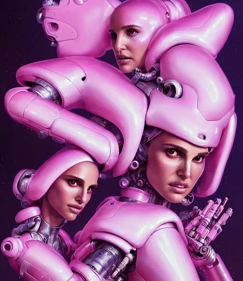 Image similar to beautiful fantasy character portrait of a natalie portman cyborg, wearing pink puffy bomber jacket with white fur, seductive reclining pose, lasers, ultra realistic, dramatic lighting, robots, the fifth element artifacts, highly detailed by peter mohrbacher, hajime sorayama, wayne barlowe, boris vallejo, aaron horkey, gaston bussiere, craig mullins