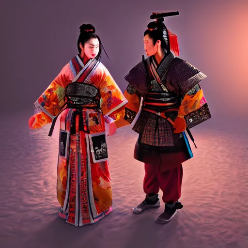 Prompt: A Japanese samurai with a Japanese geisha. 8K 3D acrylic art colourful CryEngine beautiful artwork digital illustration DSLR HDR glowing neon maximalist polished pixiv Unreal Engine vast clear photo filigree designs , by SiChen Wang