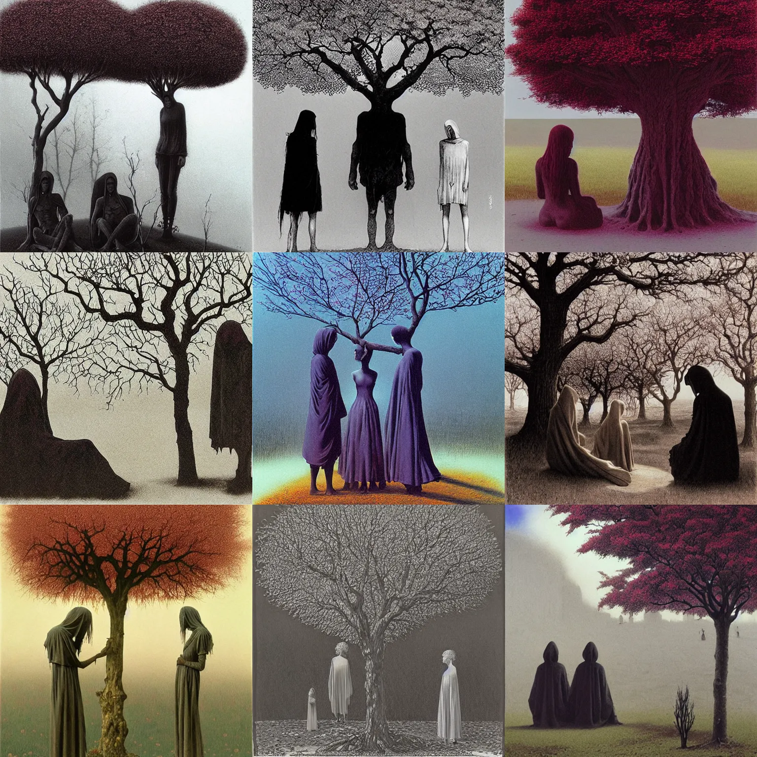 Prompt: hd art by zdzislaw beksinski. three goths loitering in the shade, talking beneath a cherry tree outside a blockbuster video store.