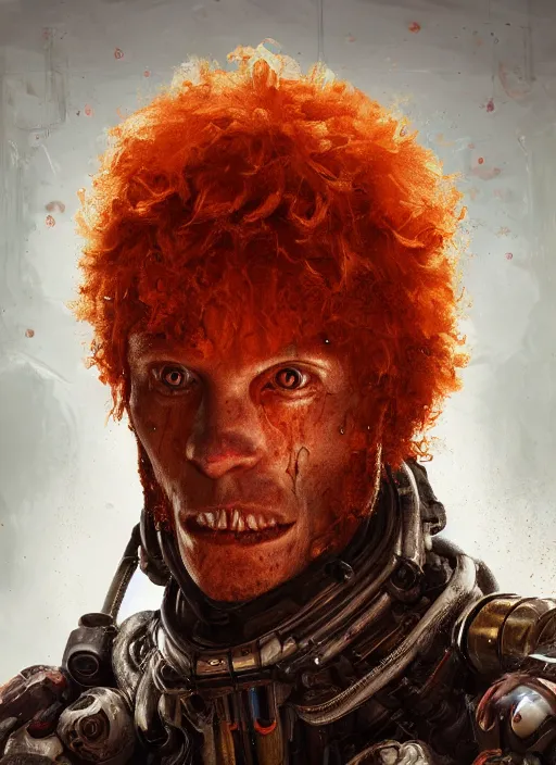 Image similar to biopunk portrait of curly orange hair man from doom 3, au naturel, hyper detailed, digital art, trending in artstation, cinematic lighting, studio quality, smooth render, unreal engine 5 rendered, octane rendered, art style by klimt and nixeu and ian sprigger and wlop and krenz cushart.