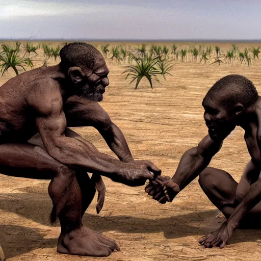 Image similar to modern researchers meeting homo erectus in the wild, east african plains, modern human meeting archaic human, scientists, award - winning photograph