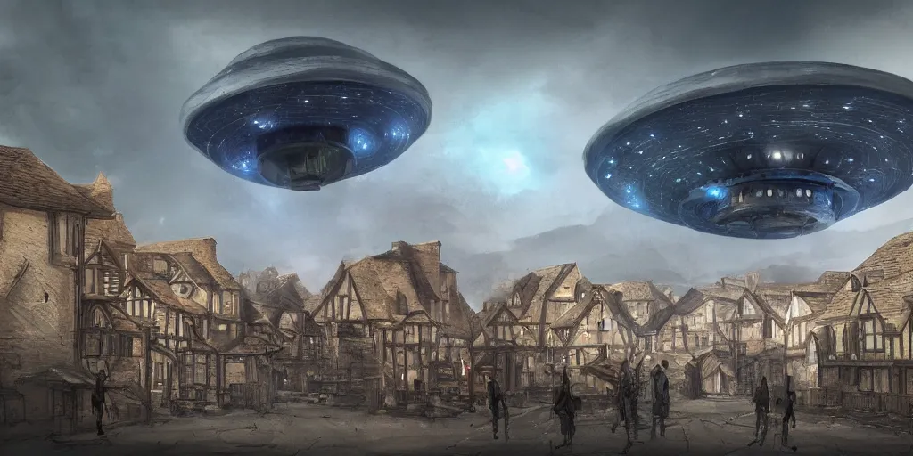 Image similar to ufo's invading a medieval town, view from the street, concept art