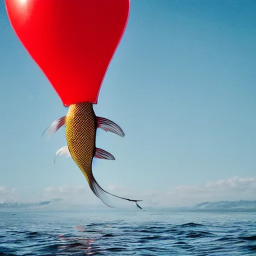 Image similar to a fish floating away from the sea tied to a ballon