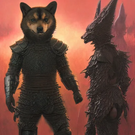 Prompt: berserk black armor, anthropomorphic shiba inu, realistic, visible face, in berserk black armor, stuning 3 d render, masterpiece, glowing aura, by donato giancola and greg rutkowski and wayne barlow and zdzisław beksinski