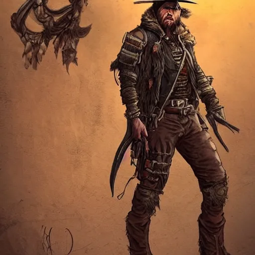 Image similar to full body concept art of a post-apocalyptic gunslinger in the style of high fantasy art in the style of Wild west art art trending on artstation deviantart Pinterest detailed High Resolution HD 8k cell shaded full colour bright colour