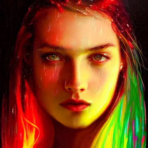 Image similar to bright asthetic portrait LSD glowing backlit rain on face and wet hair in strands, overhead lighting, fantasy, intricate, elegant, dramatic lighting, highly detailed, lifelike, photorealistic, digital painting, artstation, illustration, concept art, smooth, sharp focus, art by John Collier and Albert Aublet and Krenz Cushart and Artem Demura and Alphonse Mucha