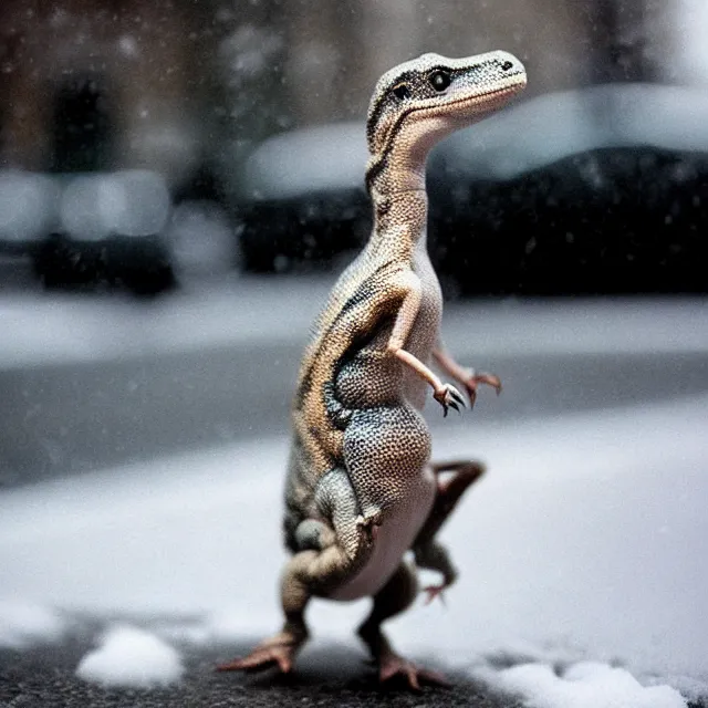 Image similar to a beautiful photo by saul leiter of a tiny dinosaur standing in the street, tiny gaussian blur, insanely detailed, insanely intricate, insanely beautiful, depth of field, low contrast, snowy, wide aperture