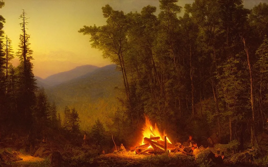 Image similar to campfire on the edge of a forest overlooking a beautiful valley at dusk, cinematic lighting, intricate ink illustration, by albert bierstadt