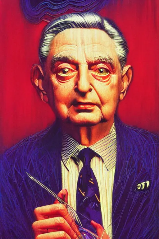 Prompt: 8 0 s art deco portrait of george soros, like a dream oil painting curvalinear clothing cinematic dramatic cyberpunk textural fluid lines otherworldly vaporwave interesting details fantasy lut epic composition by basquiat zdzisław beksinski james jean artgerm rutkowski moebius francis bacon gustav klimt