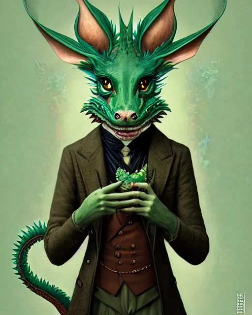 Prompt: anthropomorphic art of a detective dragon, green dragon, portrait, victorian inspired clothing by artgerm, victo ngai, ryohei hase, artstation. fractal papersand books. highly detailed digital painting, smooth, global illumination, fantasy art by greg rutkowsky, karl spitzweg