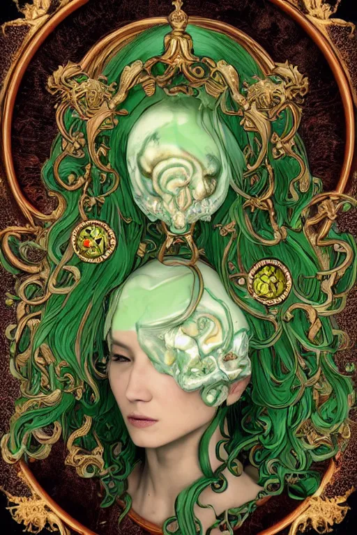 Prompt: rococo upper body portrait sigil with the intent of conquering the world lovecraftian undead zombie queen, green hair, bytian zi and wlop and alphonse mucha ornaments and gems hdr 8 k 3 d dslr hdr trending on artstation rendered with cryengine