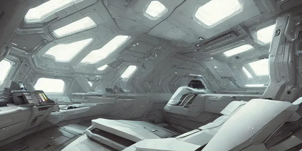 Prompt: super clean white interior of a spaceship, greg rutkowski, 8 k, shallow depth of field, intricate detail, concept art,