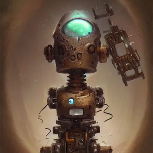 Image similar to anthropomorphic robot [ thing ], falling apart, tiny, small, short, rusty, dirty, cute and adorable, dnd character art portrait, matte fantasy painting, deviantart artstation, by jason felix by steve argyle by tyler jacobson by peter mohrbacher, cinema