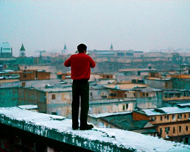 Image similar to lomo photo of man standing on the roof of soviet hrushevka, small town, cinestill, bokeh, out of focus