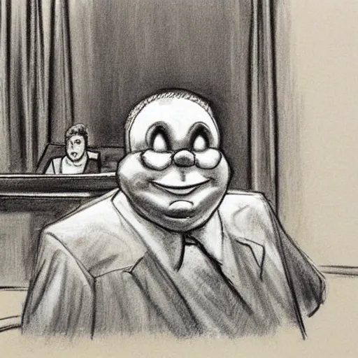 Image similar to courtroom sketch of the mcdonald ’ s character grimace sitting in the witness stand looking fearful