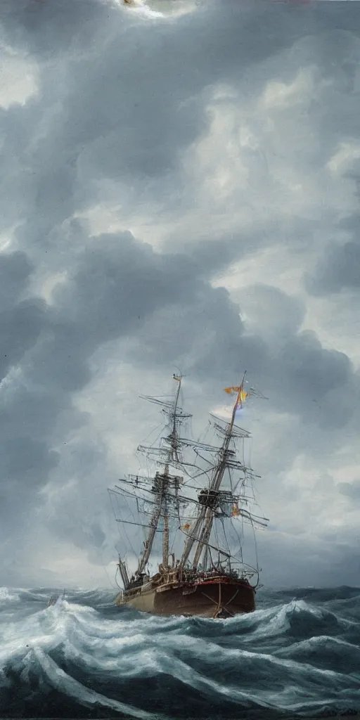 Prompt: painting of a battleship on a stormy sea