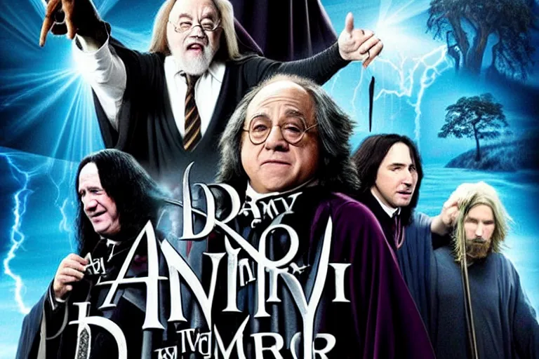 Prompt: Movie poster with Danny DeVito as Albus Dumbledore and Keanu Reeves as Severus Snape and Snoop Dog as Harry Potter