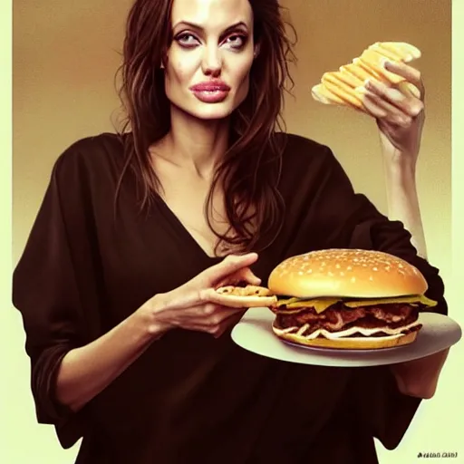 Image similar to portrait of Angelina Jolie eating big mac, hamburger with extra onions and ketchup, luscious patty with sesame seeds, ethereal, handsome, D&D, fantasy, intricate, elegant, highly detailed, digital painting, artstation, concept art, matte, sharp focus, illustration, art by Artgerm and Greg Rutkowski and Alphonse Mucha