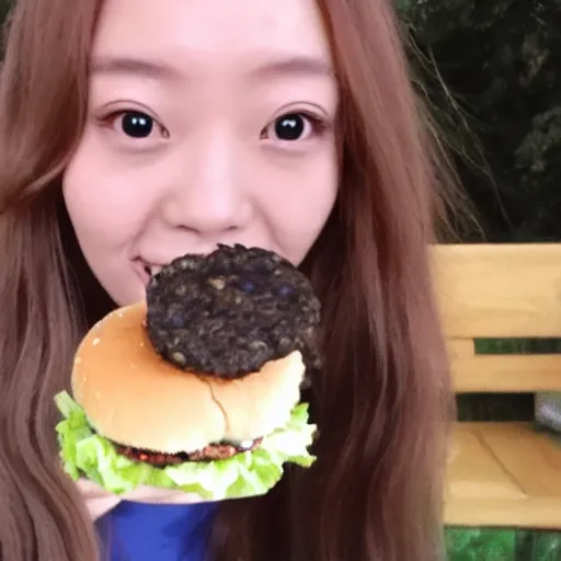 Prompt: Trailcam footage of Chuu from LOONA eating a burger