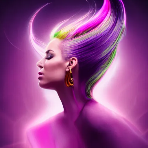 Prompt: a award winning half body portrait of a beautiful woman in a coprtop with a ombre purple pink hairstyle with head in motion and hair flying, outrun, vaporware, vivid colors, highly detailed, fine detail, intricate