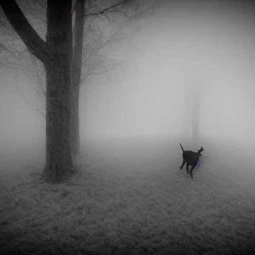 Image similar to yellow dog man infrared trailcam footage, liminal, black and white, foggy, creepypasta